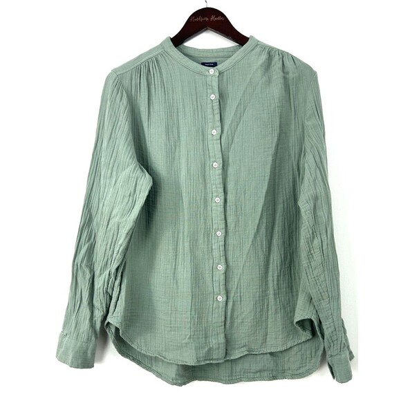 GAP Women Crinkle Gauze Cotton Long Sleeve Button Up Blouse L Sage Green 1043E4 - Picture 2 of 10